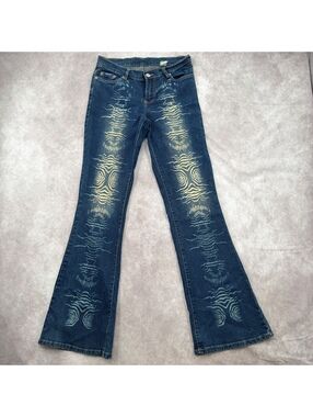y2k Blue Punk Denim super low rise flare jeans tribal bleach wash cyber tiger